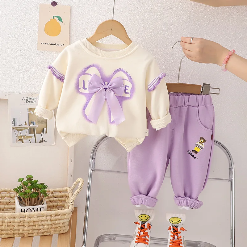 Children\'s Spring and Autumn Girls New Long-sleeved Bow Hoodie + Pants Two-piece Children\'s Spring Casual Hoodie Set