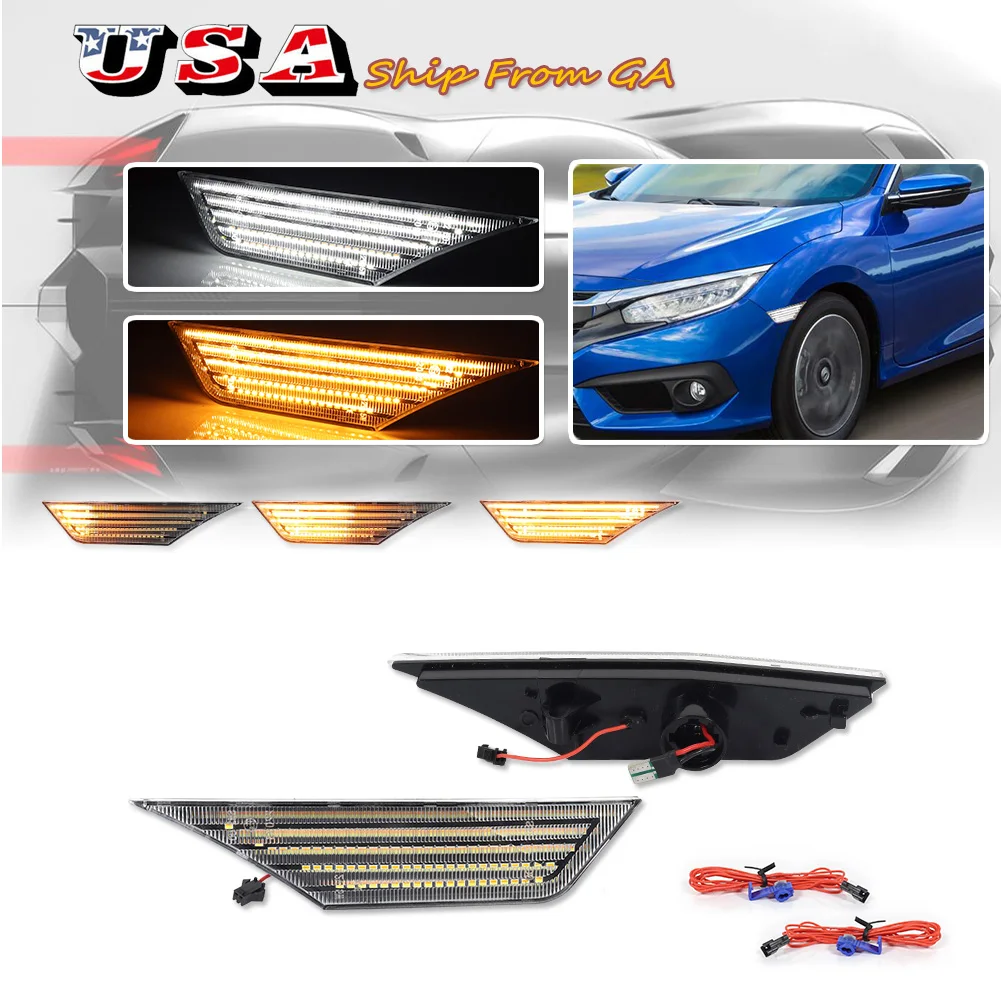 2Pcs For 10th Gen Honda Civic MK10 2016-2021 LED Amber Side Marker Indicator Repeater Light Turn Signal Lamp Blinkers White DRL