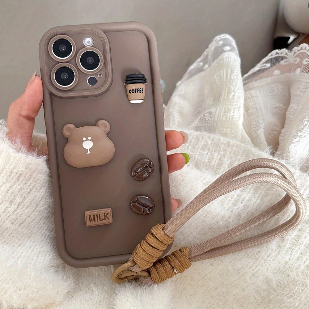 3D Coffee Cute Bear Soft Hand Strap Phone Case For Samsung Galaxy S25 S24 S23 S22 S21 Ultra Plus FE A14 A53 A13 A16 A54 Cover