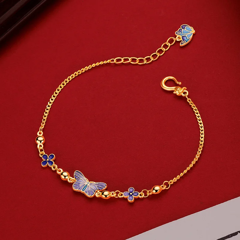 Real Kt18 Golden Color Enamel Blue Clover Butterfly Bracelet for Womens Bride Wedding Engagement Fine Bracelet Jewelry Not Fade