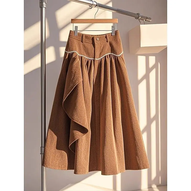 

Autumn and Winter New Wave Cut Korean Fashion Versatile Figure Coffee Colored Corduroy Solid Color Half Body Skirt