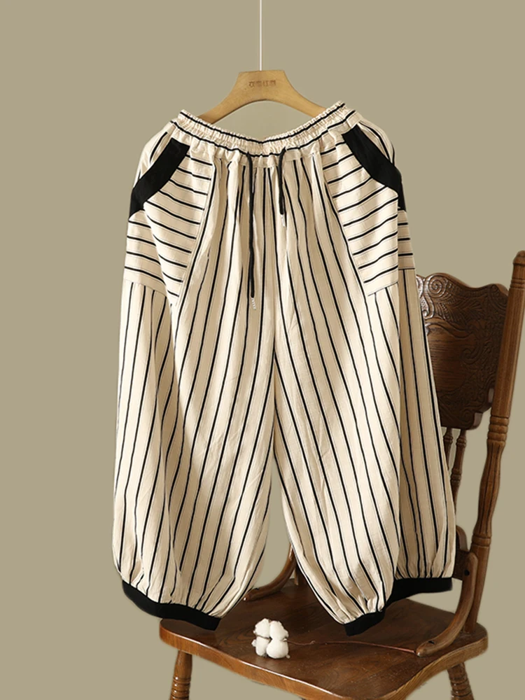 High Waist Wide Leg Harlan Pants Cotton Linen Belted Casual Summer Slimming Eighteen Pants Striped Pattern Large Size Women's