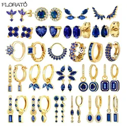 2024 New Luxury Blue Crystal Zircon Hoop Earrings for Women's  Fashion Flower/Heart/Square Drop Earrings Small Piercing Jewelry