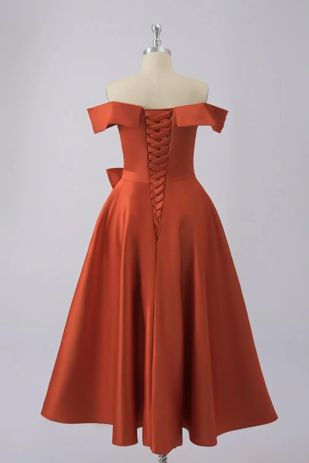 Satijnen moeder van de bruidjurk voor dames off-shoulder theelengte formele bruiloftsgastjurk met strik feestavondjurk