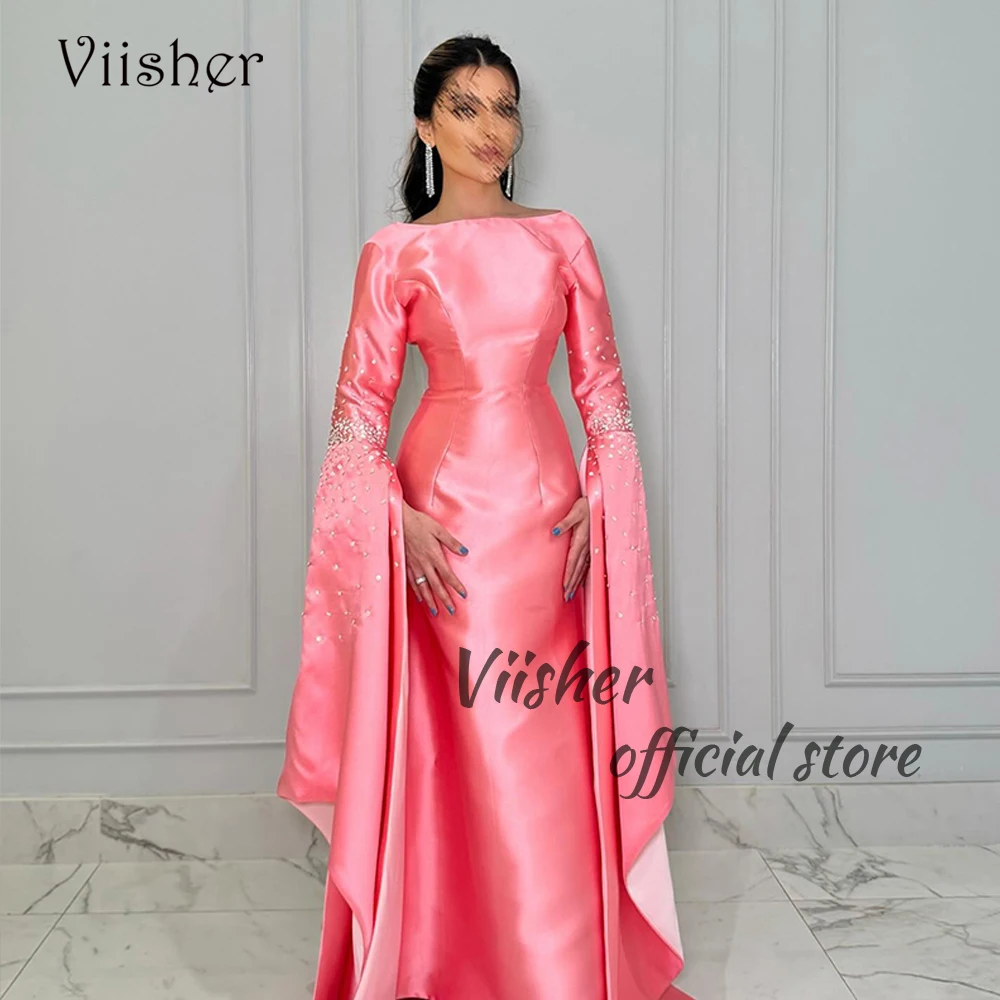 

Viisher Coral Mermaid Evening Dresses Long Sleeve O Neck Prom Dress Beaded Satin Arabian Dubai Formal Occasion Gowns