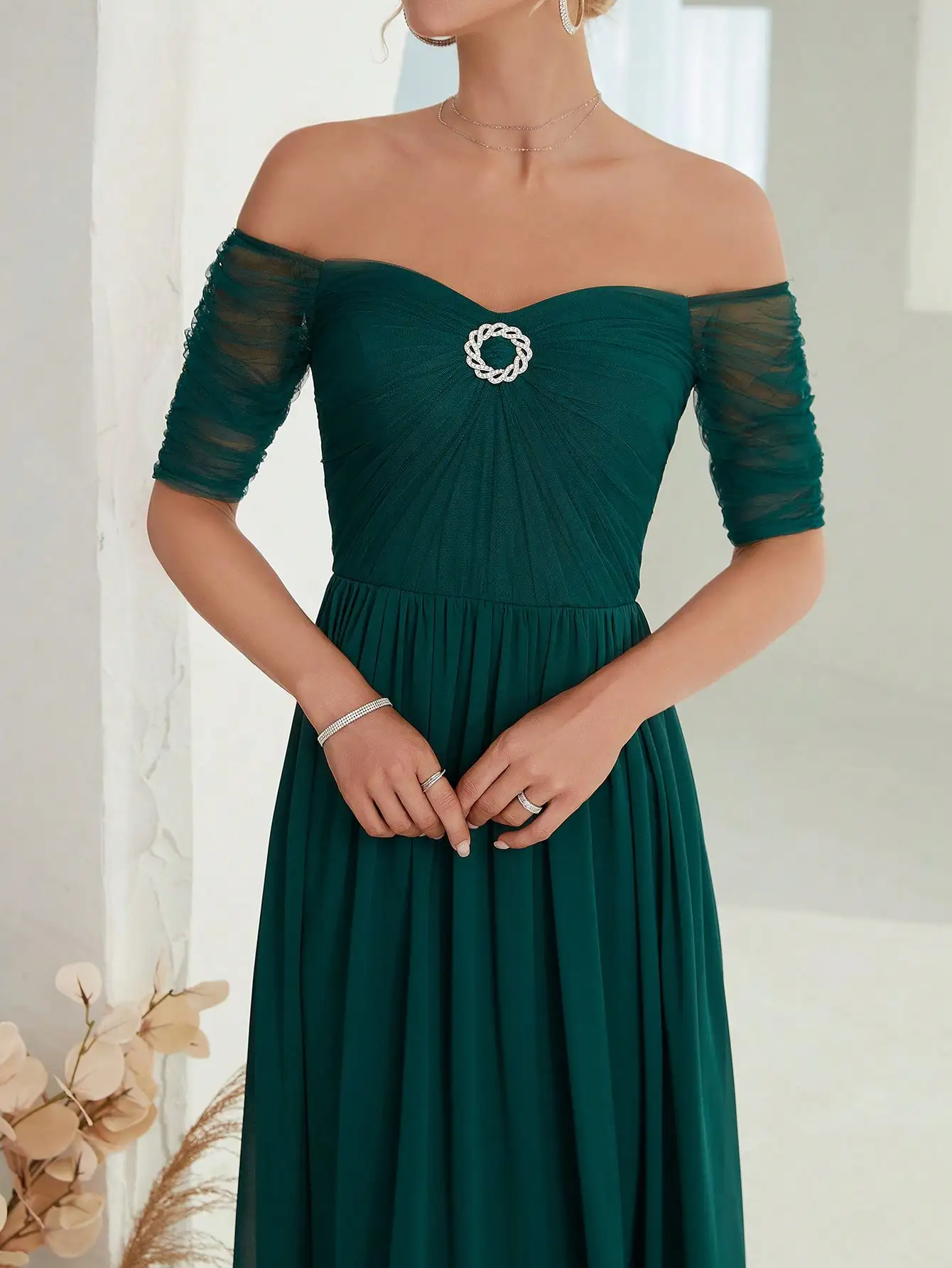 Mgiacy Line neck mesh chest pleated rhinestone embellished chiffon long dress Evening Ball dress Party dress Bridesmaid dress