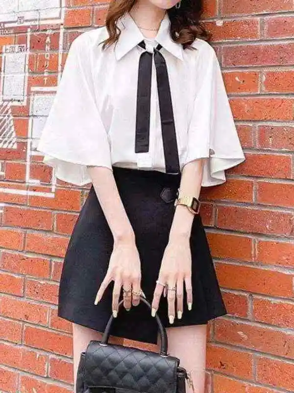 

Новая летняя белая женская модная рубашка с коротким рукавом, из смесового хлопка, с узлом, оборками и воротником, в стиле CleanFit