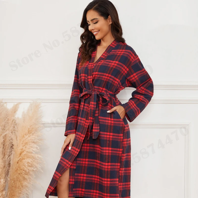 Women's Sexy Robe Cotton Bathrobe Kimono Gown Spring Autumn Checkered Sleepwear Loose Casual Home Wear Long Sleeves Nightwear