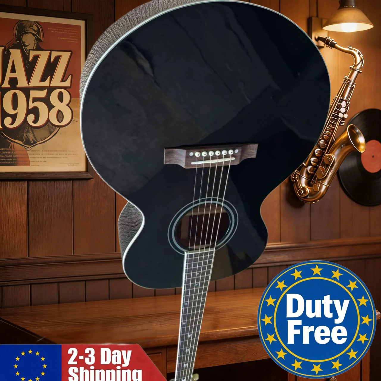 Guitare noire d'entrepôt allemand, table massive, chevalet fixe, manche en palissandre, cadeau d'anniversaire, son riche