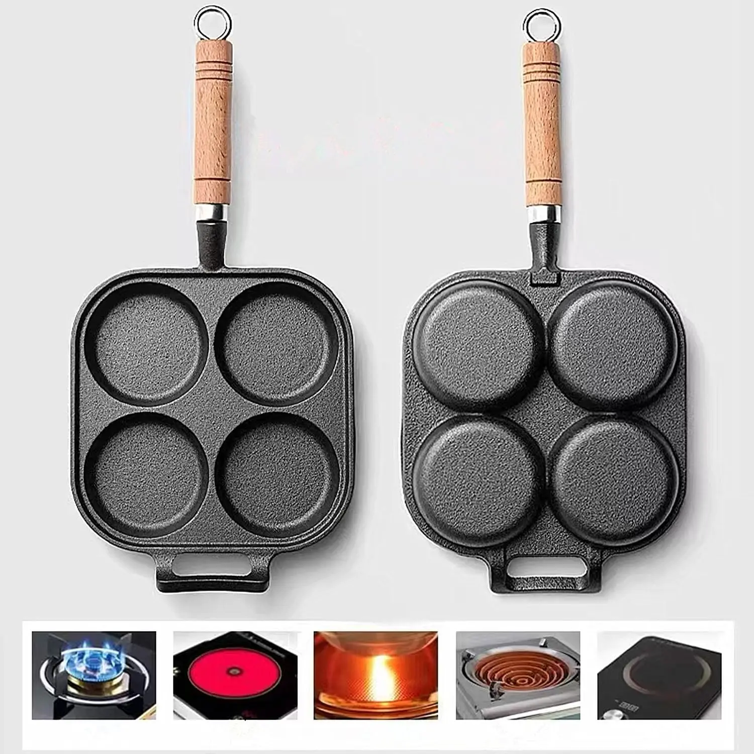 مقلاة ذات 4 فتحات مقلاة بيض منزلية غير لاصقة مسطحة القاع موقد عالمي من الحديد الزهر الإفطار برغر البيض ستيك طباخ #4