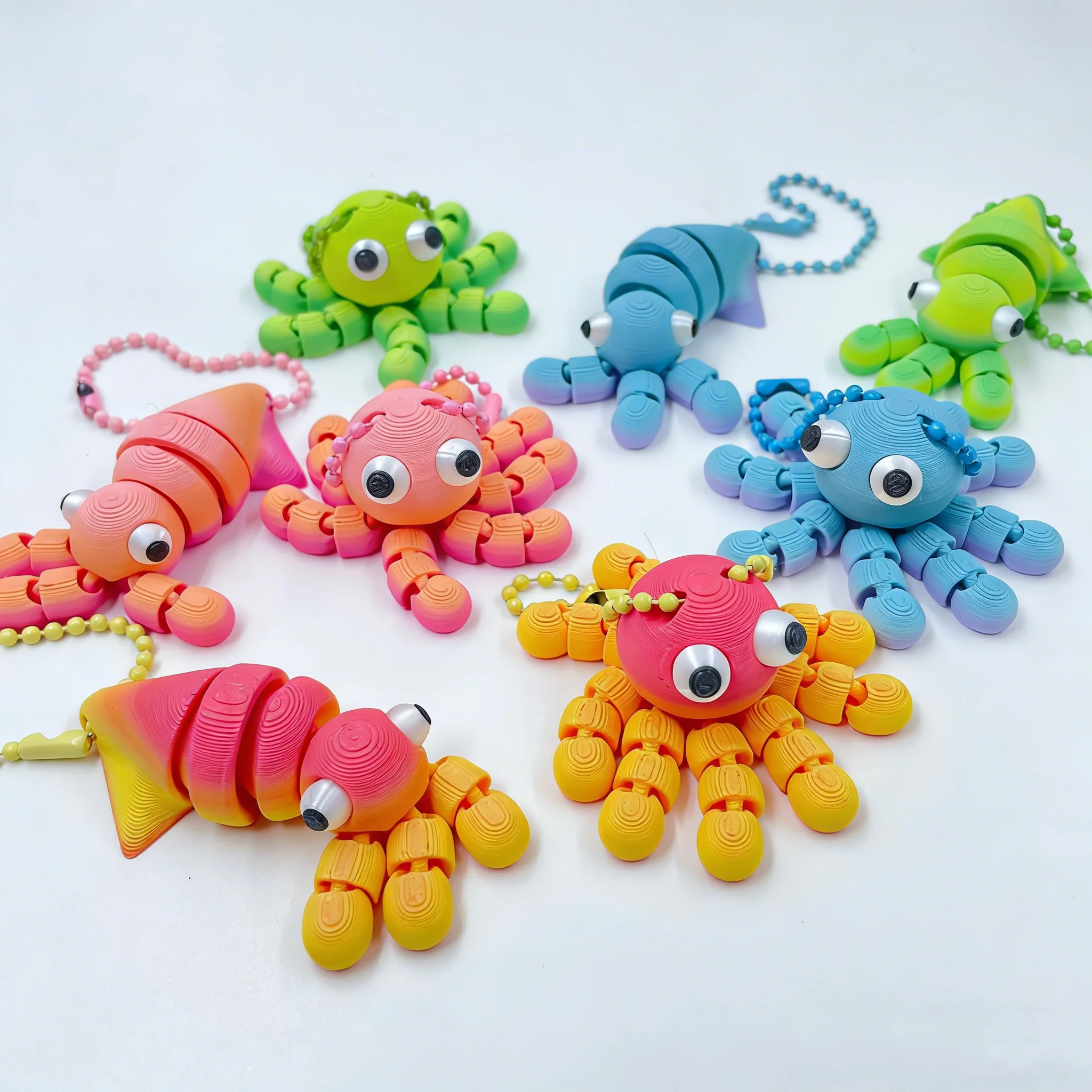3D Printed Octopus Squid Keychains Key Rings Articulated Joints Octopus Model Figurines for Holiday Gifts Desktop Decorations