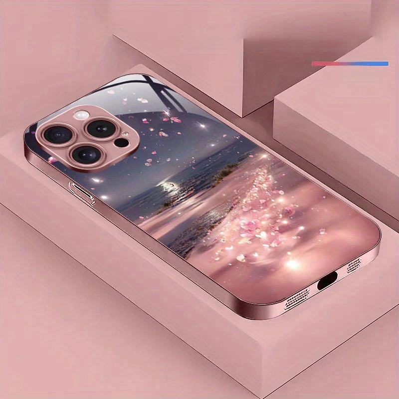 

Pink Petal Silver Beach Pattern Metallic Paint Glass Phone Case For iPhone 17 16 15 14 13 12 11 Pro Max 15 Plus 17Air 16E Cover