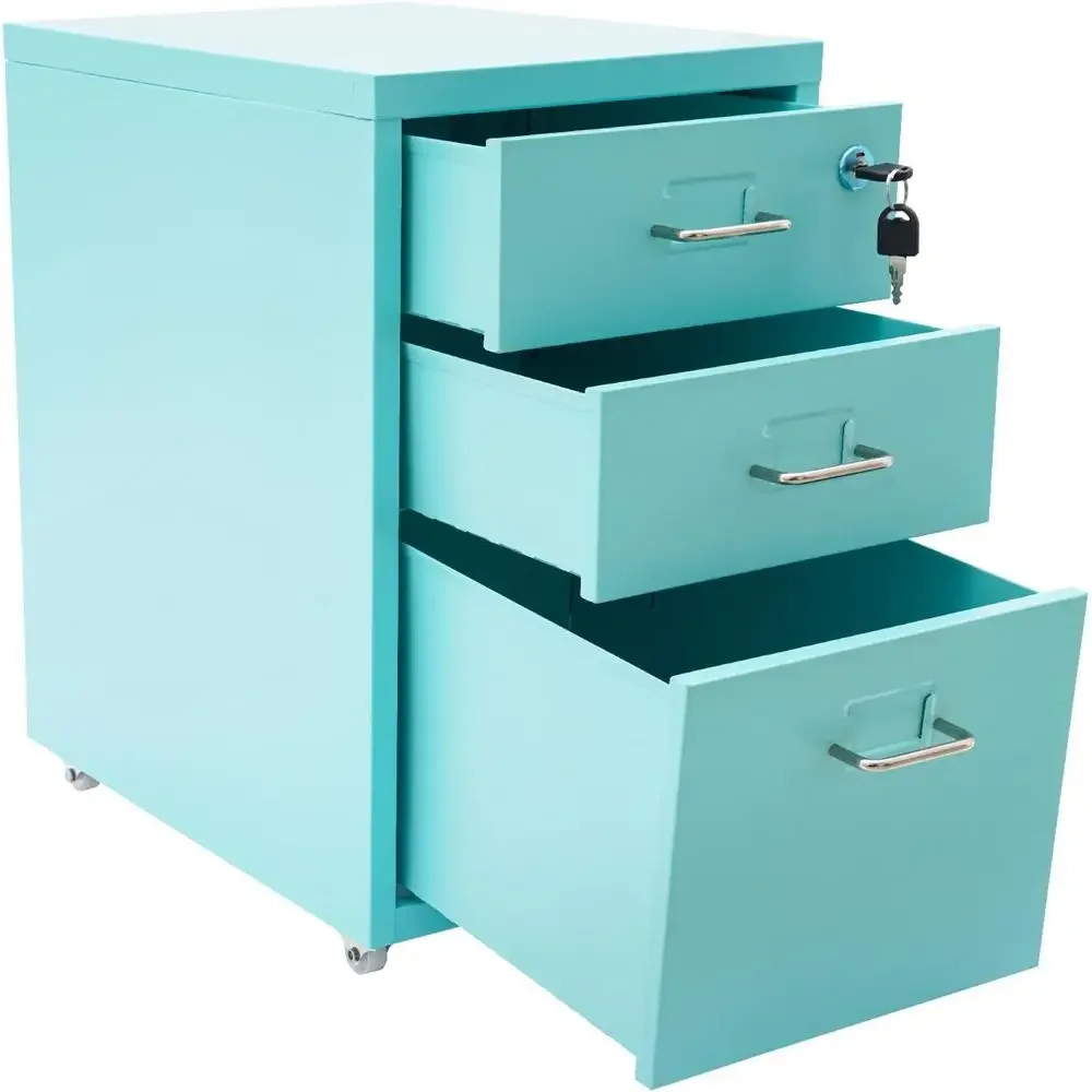 Metal Filing Cabinet with Lock, Letter/Legal/A4 Size, Mobile Under Desk Storage, Blue Curved Handle