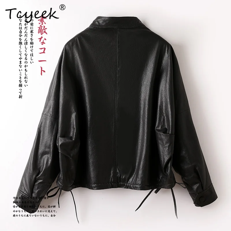 Tcyeek camada superior de pele de carneiro primavera outono high end manga morcego gola jaqueta de couro genuíno das mulheres Ж Dönishiжаglas Куртка