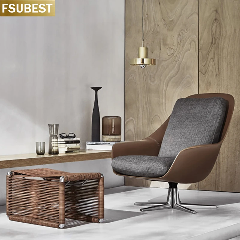 

FSUBEST Design Hotel Villa Solid Wood Leather Single Chair Designer Chair Cadeira Chaises Silla Living Room Poltronas