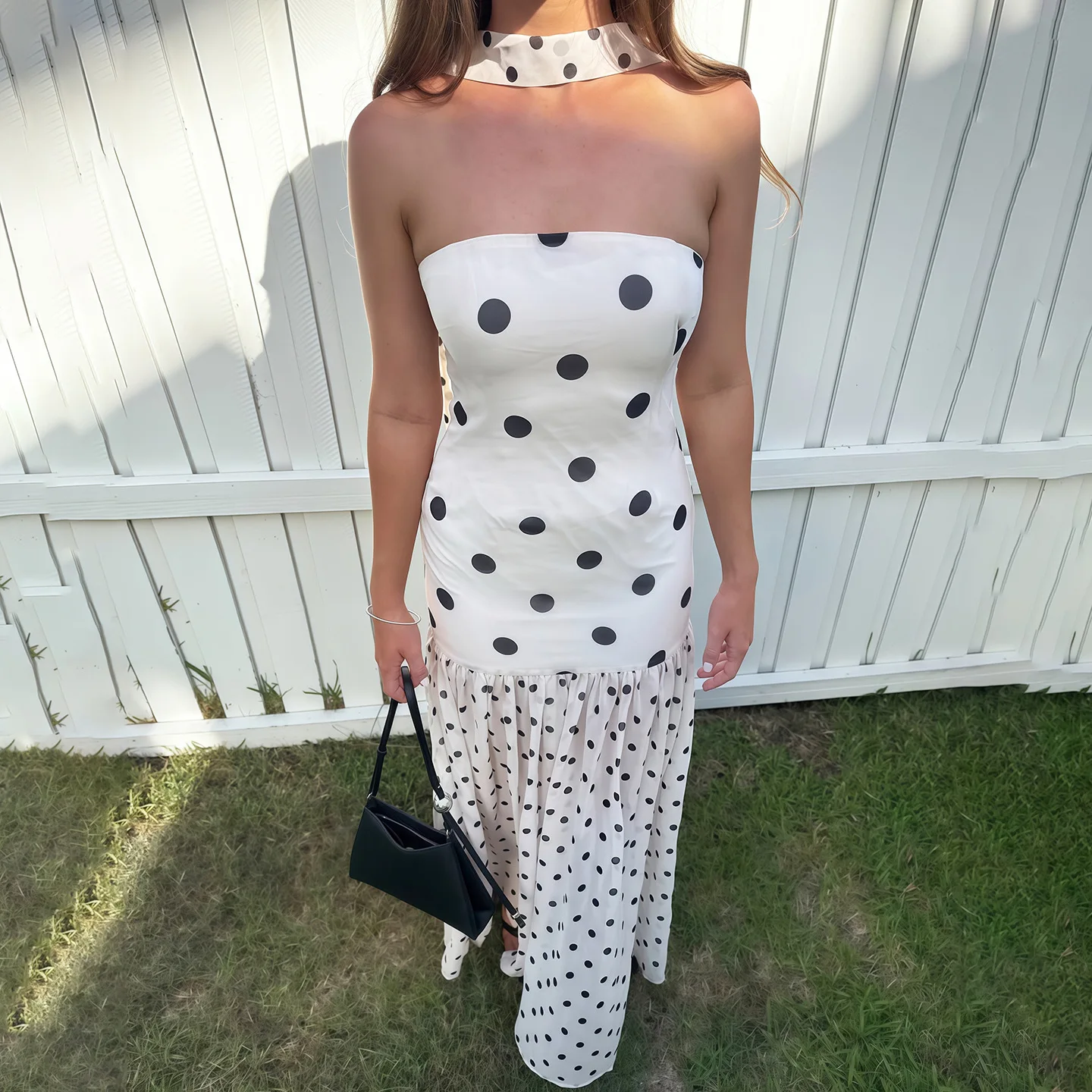 Stylish Lady Polka Dot Strapless Maxi Dress with Neck Scarf 2026 Women Ruched Chiffon Hem Dress for Summer Vacation