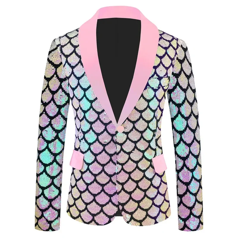 

Glitter Fish Scale Sequin Blazer Coat Stylish Men Shawl Collar Slim One Button Suit Jacket for Banquet Host Evening Party Tuxedo