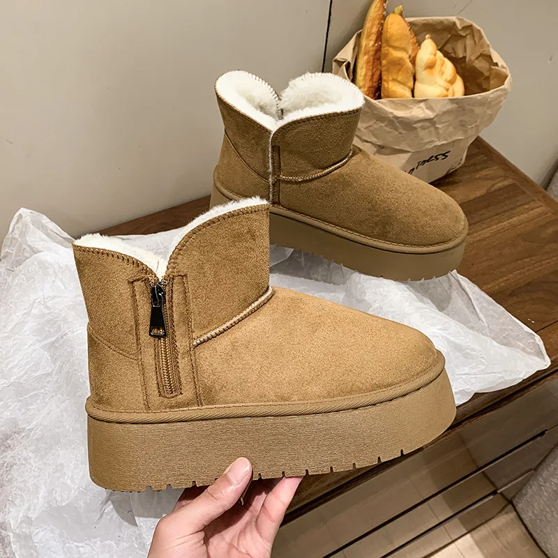 Botas de nieve para mujer, forradas de lana gruesa, cómodas, con cremallera lateral, zapatos de algodón, cálidos, con suela gruesa, botines casuales