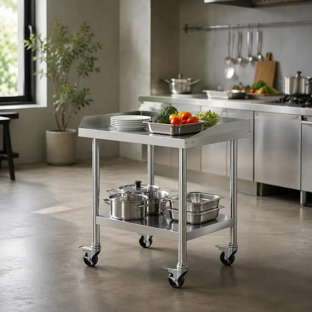 Table de travail en acier inoxydable (L x L x H) : 24 x 28 x 610 x 711 x 762 mm 30 pouces avec roulettes, pare-éclaboussures trois côtés, capacité de charge stable, montage facile, surface de travail pratique pour Ga