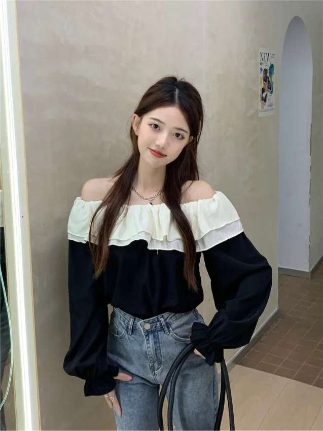 

Sweet Elegant Long Sleeve Chiffon Shirt Women's Spring 2026 New One Shoulder Splice Top Fashionable Korean Style Loose Fit