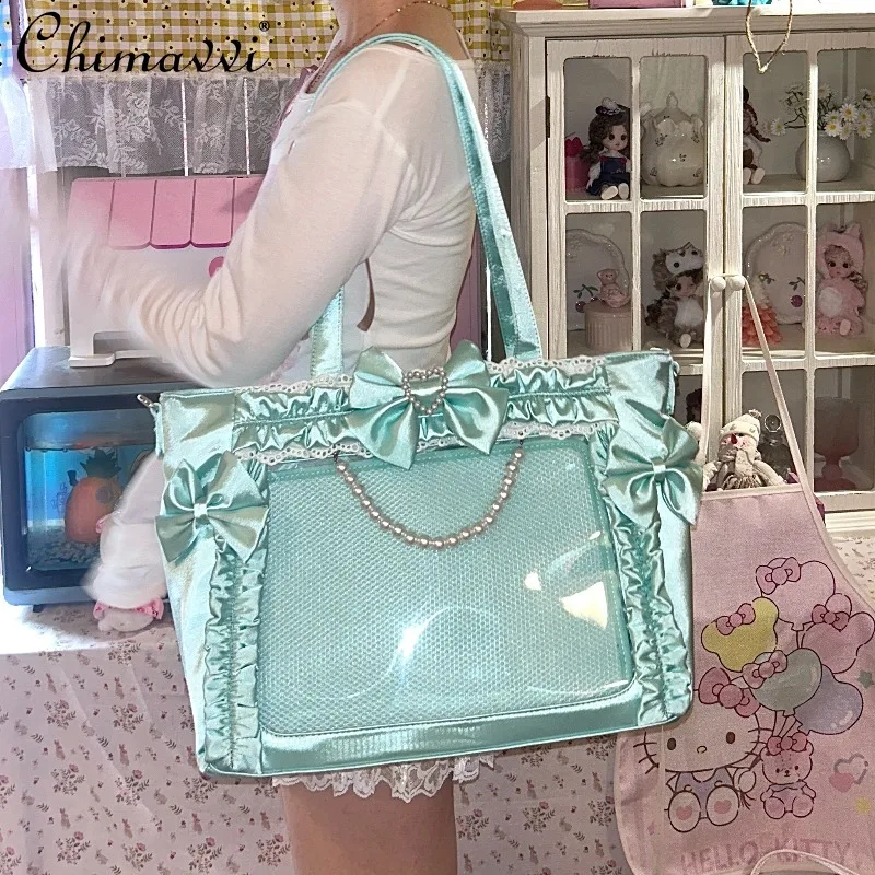 Japanese Style Sweet Satin Princess Pain Bag 2026 New Cute Bow Heavy Pearl Lace Tote Bag Kawaii Girl Women's Elegant Handbag