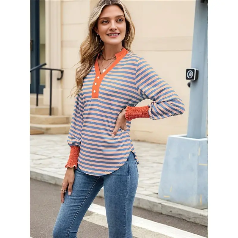 CYL-Damen Übergroße gestreifte Sweatshirts Langarmshirt Baumwolle Loose Fit Henley Tops