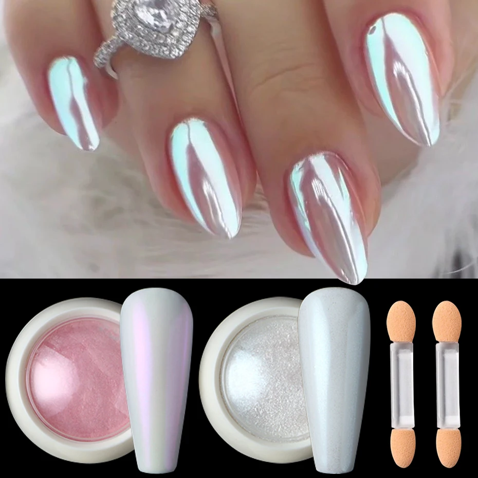 Polvo de Uñas Aurora Cromado de 2 Colores con 2 Barras de Sombra de Ojos, Brillo Láser Rosa Blanco, Efecto Espejo Mágico Y2K, Suministros de Brillo para Uñas
