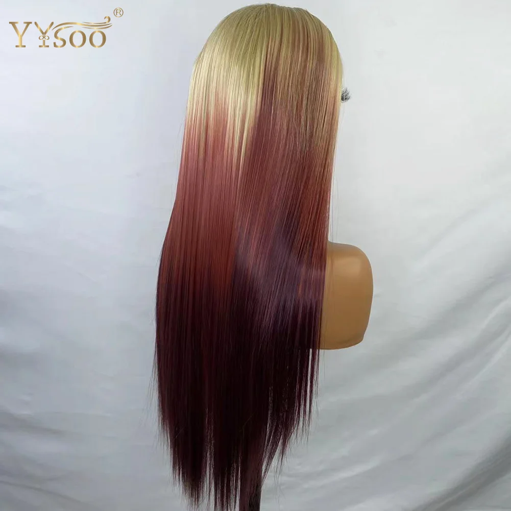 YYsoo13x4 Lange Zijdeachtige Rechte Futura Synthetische Lace Front Pruiken 613 # Ombre Rood Lijmloze Pre Geplukt Half Hand Gebonden Pruiken voor Vrouwen