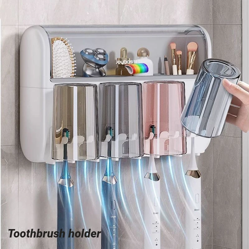 Joybos Toothbrush Holder Wall Mounted 4 Cups Set Self Adhesive No Drill Automatic Toothpaste Dispenser Bathroom Storage