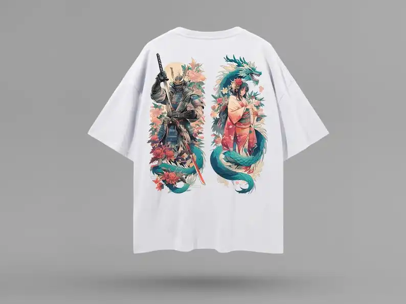 

Camiseta extragrande de anime con dragón samurái y hombros caídos, Beauty Power, cómic manga, estampado de inspiración