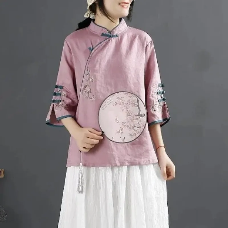 

Style Retro Cotton Linen Shirt for Women Spring Chinese Style Stand Collar Button Top with Diagonal Placket EmbroideryYY12