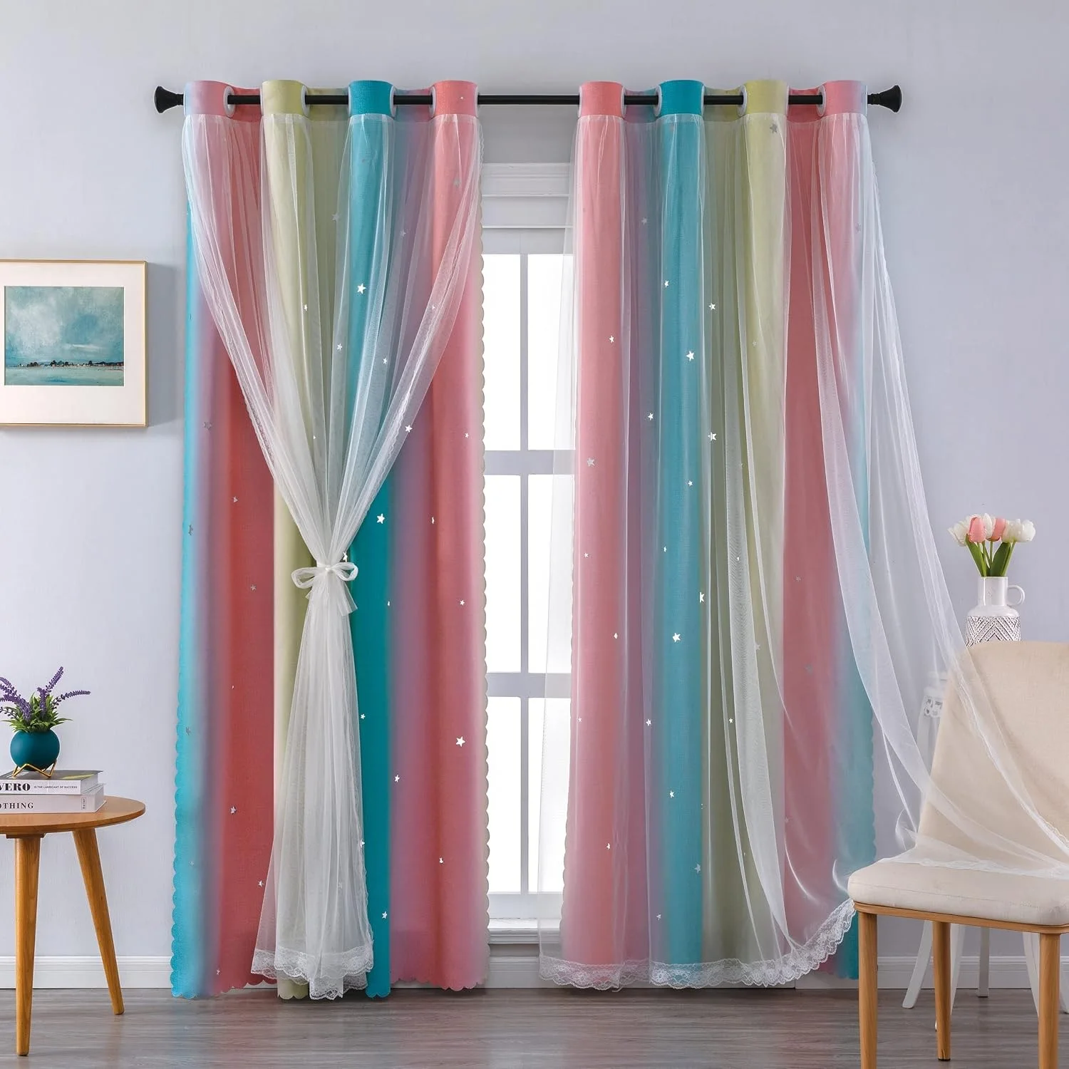 Ombre Grommet Blackout Curtain,Stars Glow in the Dark Window Treatment,2 Panels 54