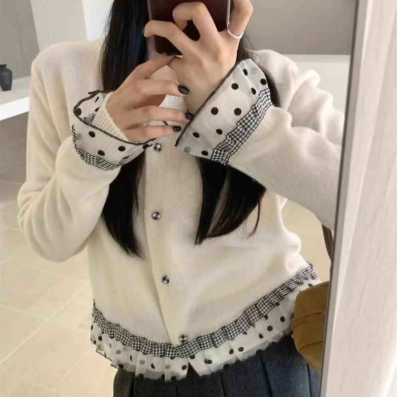 

Корейский лоскутный вязаный кардиган, женский свитер с длинными рукавами в горошек, пальто, женский однобортный женский кардиган с круглым вырезом