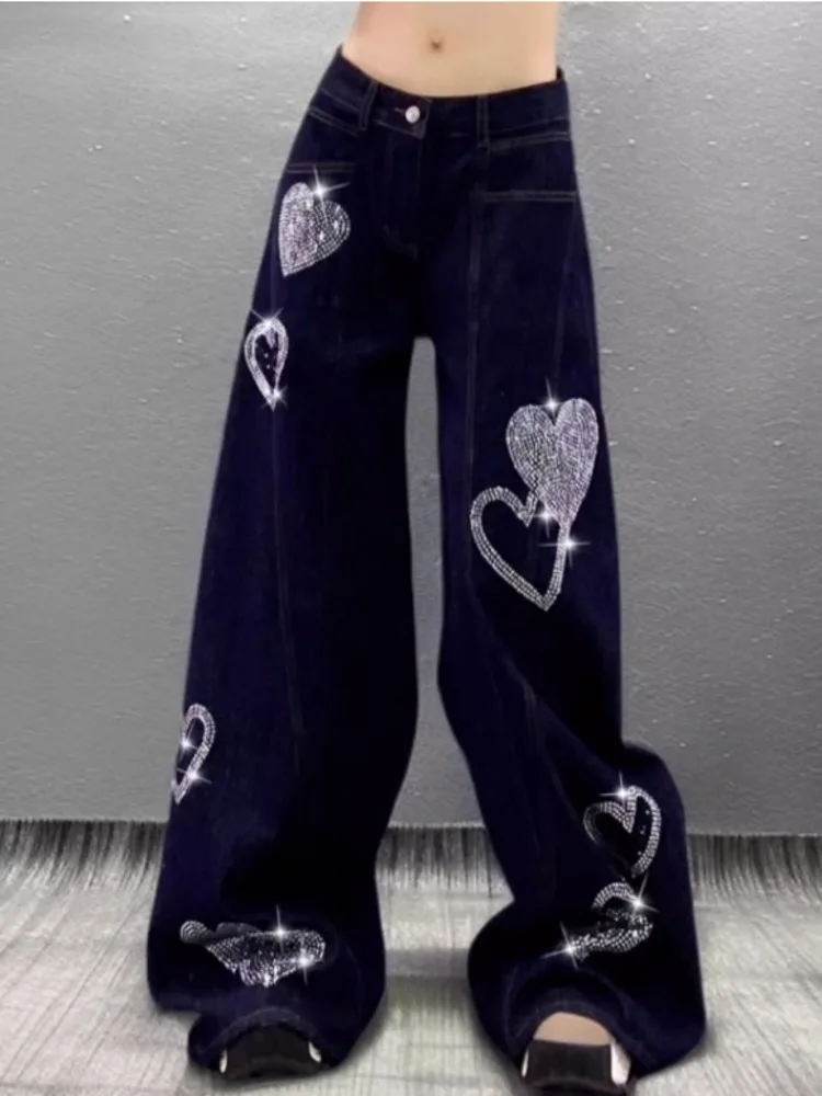 2025年トレンドセレブ女性用パンツ アメリカンスタイル ハートラインストーン ブラックジーンズ スパイシーガール ハイウエスト ストレート ワイドレッグ ロングパンツ