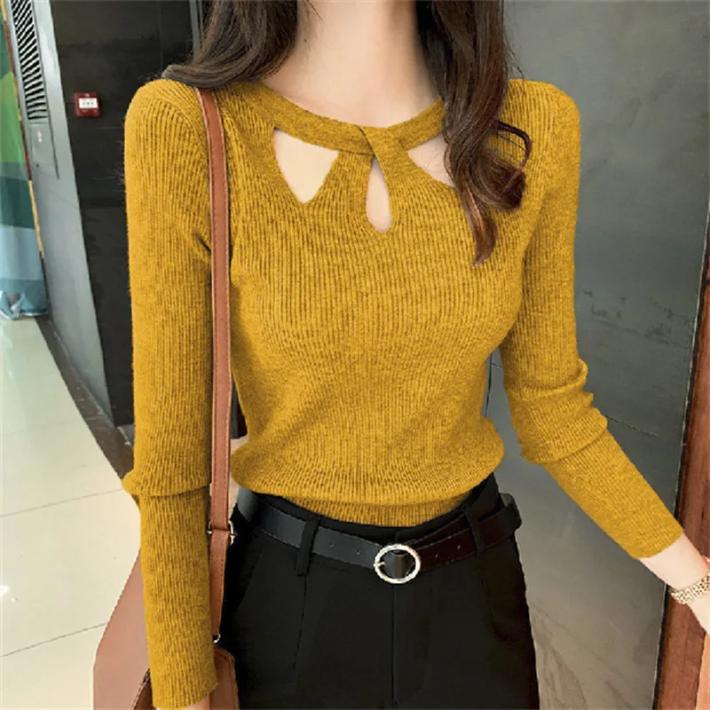 Autumn Winter Ribber Knitted T Shirts Women Green Spring Hollow Out White Basic Long Sleeve Tops Lady Casual Tees