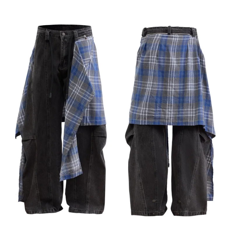 Men Women Streetwear Fashion Hip Hop Loose Casual Removable Plaid Denim Pants Jeans Unisex Y2k Baggy Jeans Pants Trousers