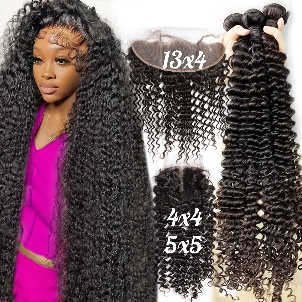 Raw Burmese Deep Wave Human Hair Bundles With Closure Invisible Melt Skin 4x4 5x5 13x4 HD Lace 3 4 Bundles Curly Weave With Frontal