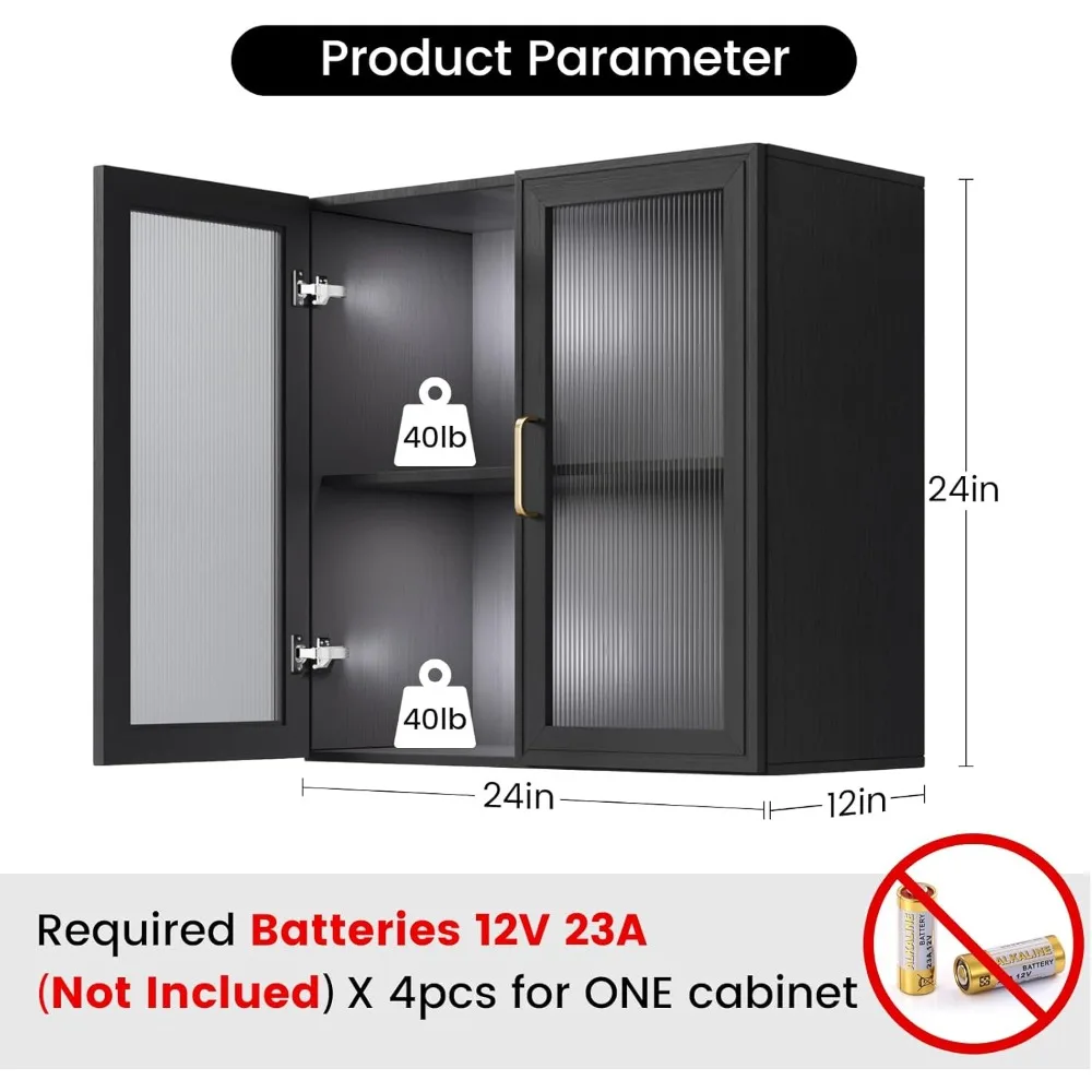 خزائن تخزين حائطية LED - خزائن المطبخ العلوية، خزائن مثبتة على الحائط مع 4 أبواب ورف من زجاج الأكريليك، باللون الأسود