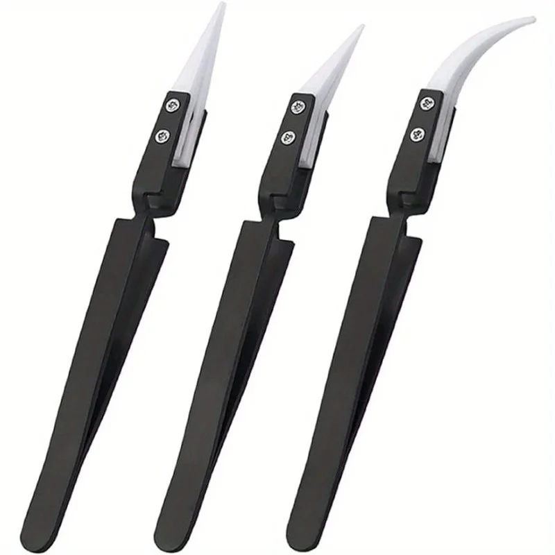 3Pcs Anti-Static Ceramic Tweezers Set, Stainless Steel Reverse Cross Lock Straight Curved Tip Soldering Tools