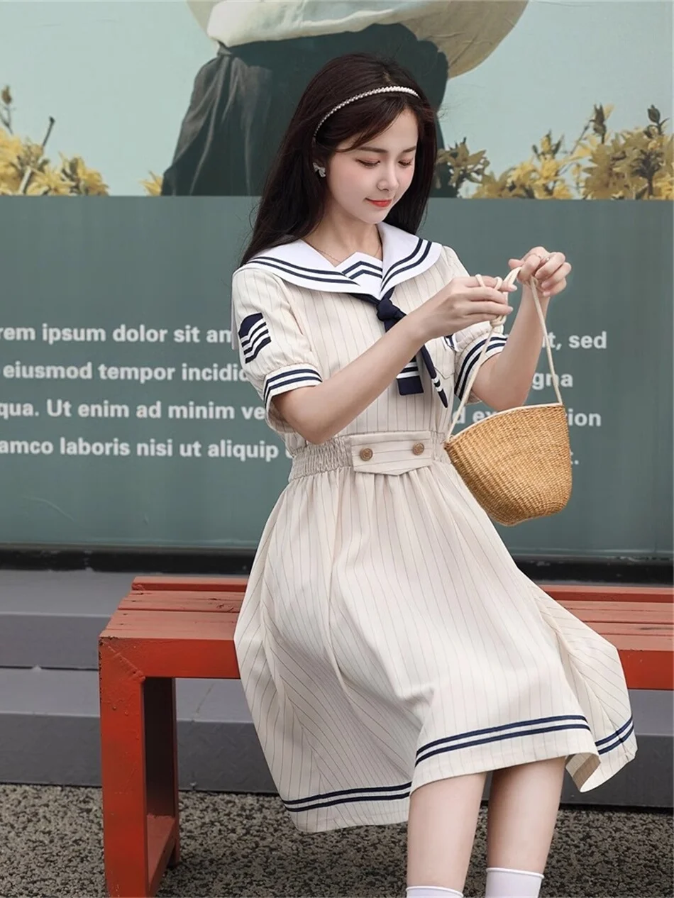 Retro Pasiasta Szkolna Mundurka z Granatowym Kołnierzykiem, Spódnica w Kształcie Litery A, Letnia Moda Dziewczęca, Strój dla Studentek, Japońska Odzież JK