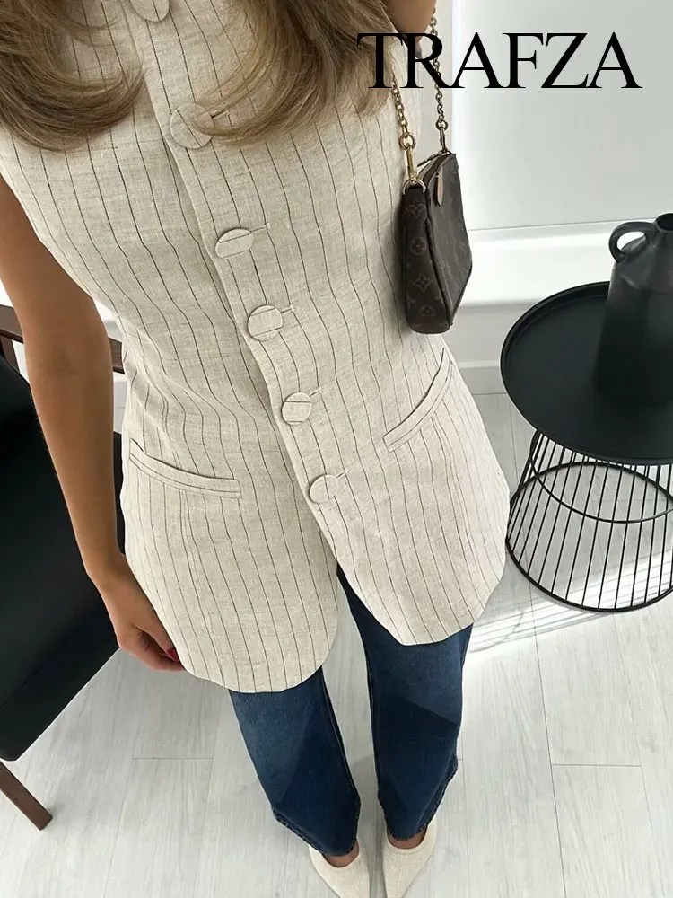 TRAFZA Female 2024 Spring Fashion Striped Sleeveless Office Lady Vest Elegant Round Neck Single Breasted With Pockets Causal Top