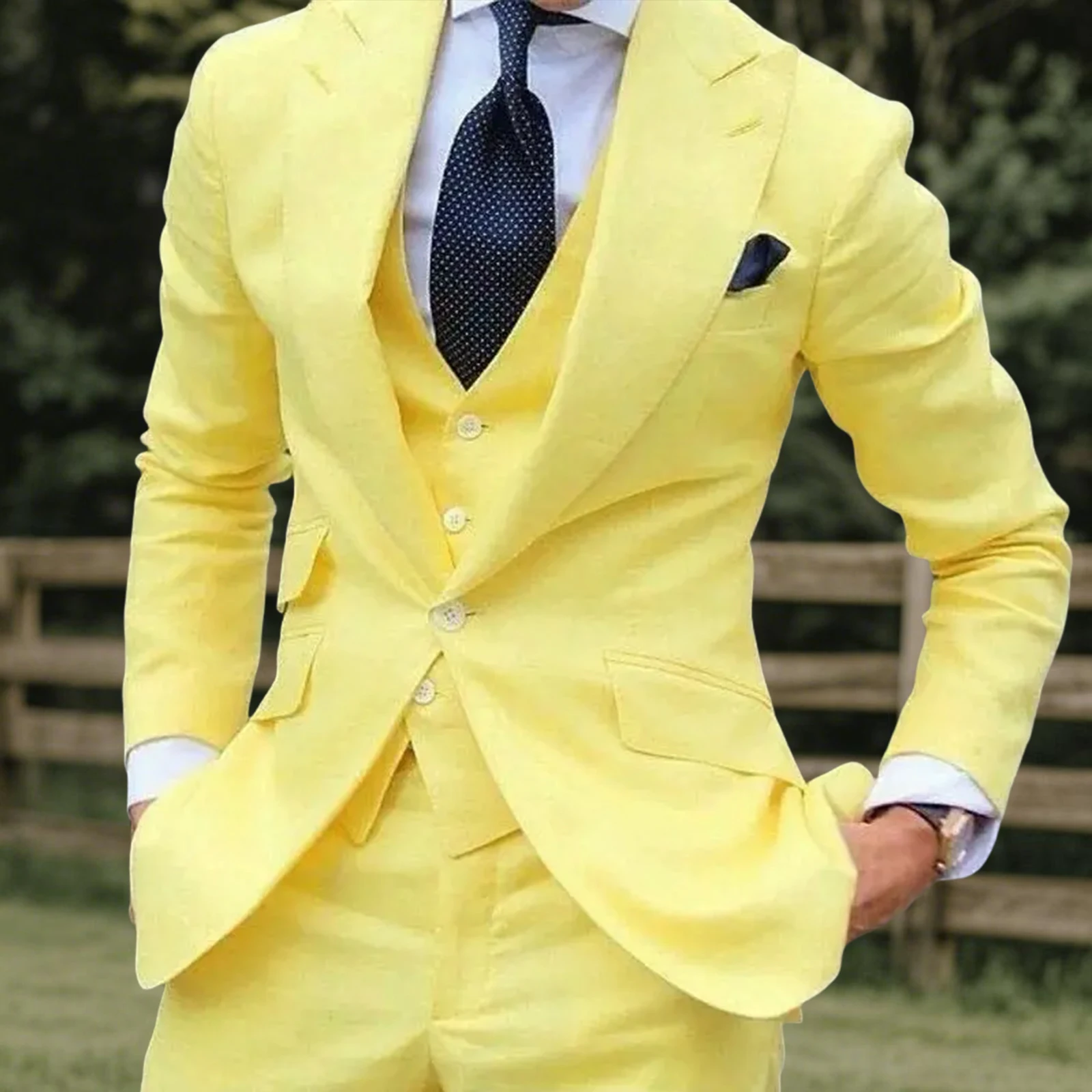 Beach Summer Linen Suit for Men Peaked Lapel Slim Fit Costume Homme 3 Pièces Casual Gilets Pour Hommes Tuexdo Blazers with Pants