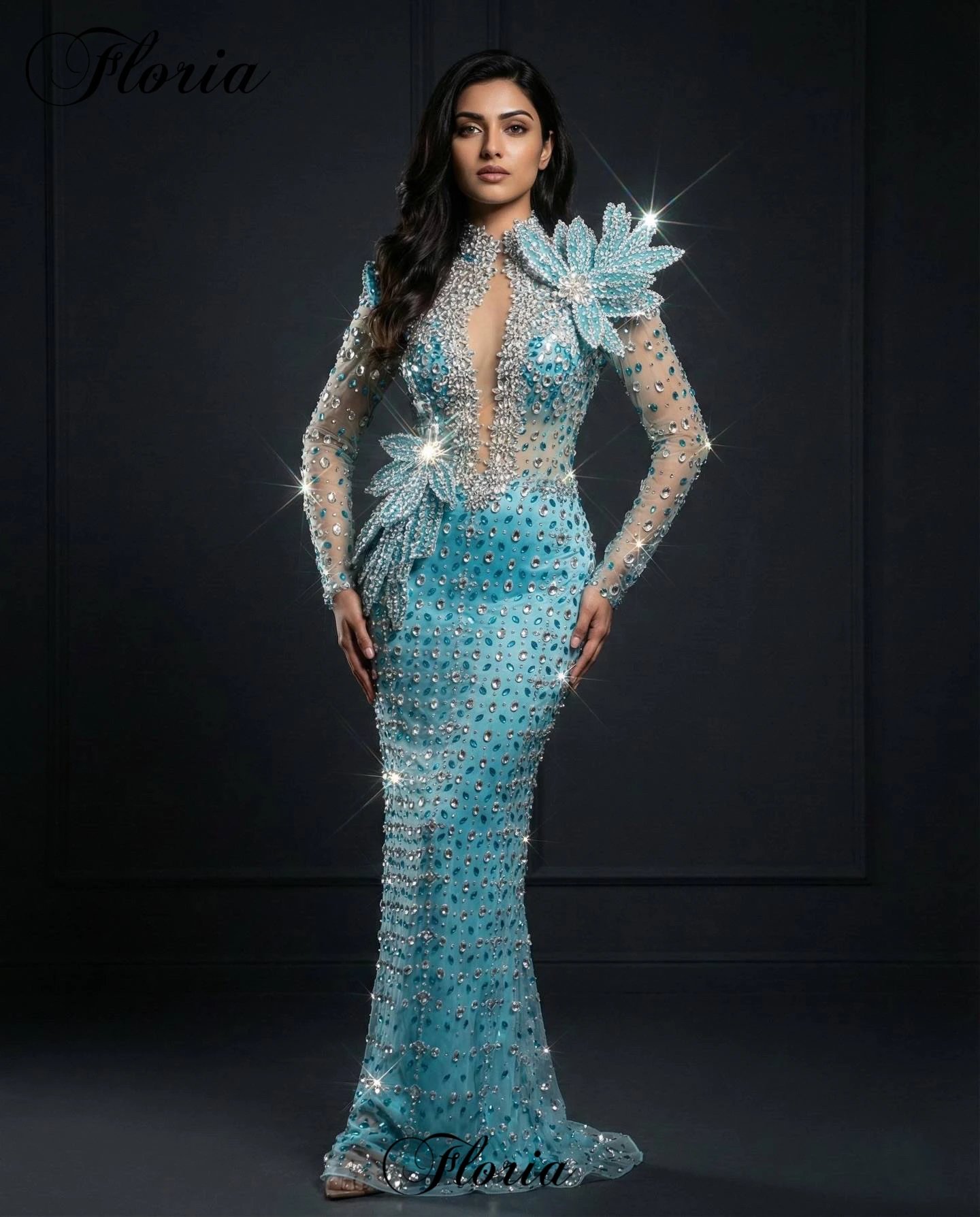 

Luxury Blue Evening Dresses Full Heavy Handmade Crystals Formal Occasion Dresses Celebrity Dresses Robes De Soirée Customized