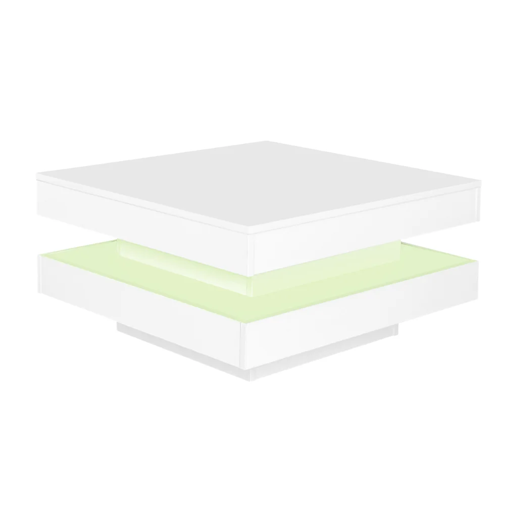 Moderne witte hoogglans vierkante salontafel 70x70x36cm 360 °   Draaibare dienbladtafel met LED-verlichting in technische stijl voor de woonkamer