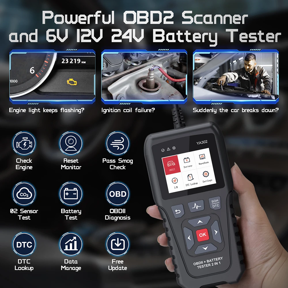 OBDResource 2 in 1 Car OBD2 Scanner Code Reader 6V 12V 24V Battery Tester 100-2000 CCA Battery Charging Test  Diagnostic Tool