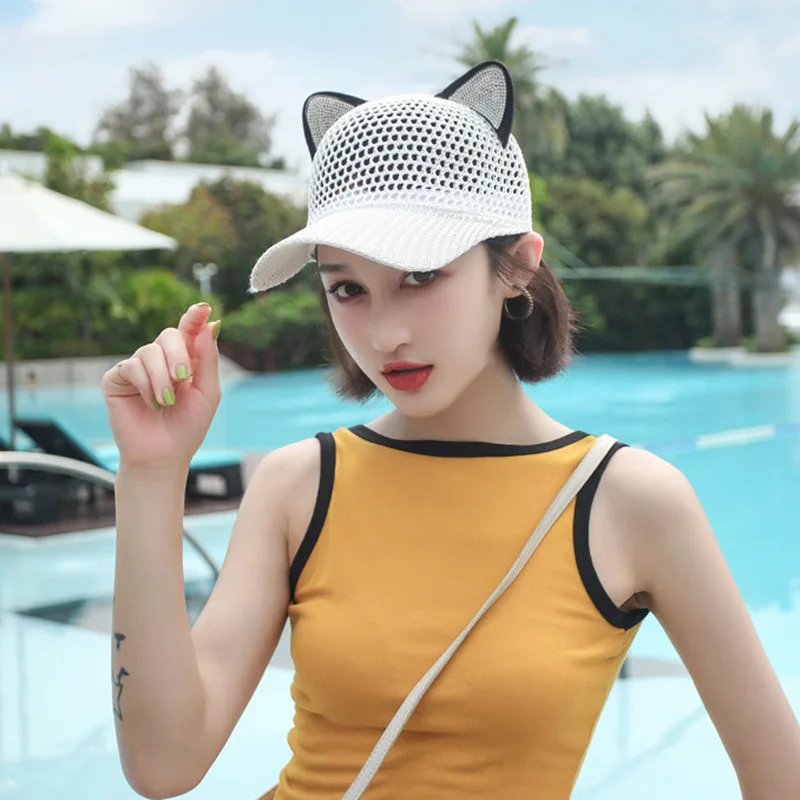 Hat Hollow Out Breathable Duck Tongue Cap Sunshade Cute Cat Ears Cap Baseball Cap women\'s Thin Section White Spring Summer Cap