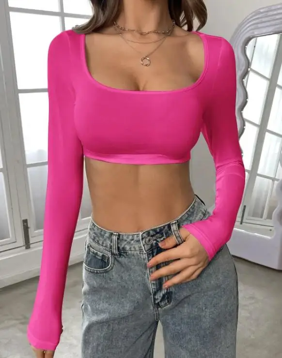 

Summer Classic Fashion Y2K Spicy Girl Sexy Style Solid Color Low Cut Square Neck Tight Street Women's Open Umbilical Top
