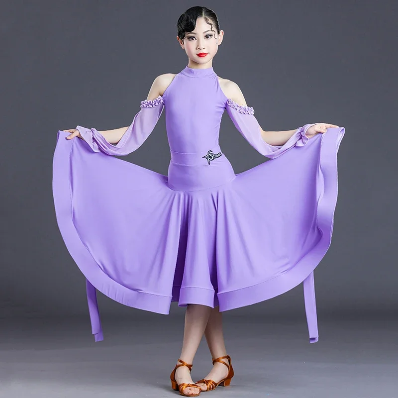 Body de danse moderne pour enfants filles, manches flottantes, épaules découpées, fendue, Standard National, grande jupe pivotante, vêtements de danse professionnels