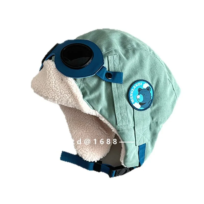 Gorro de invierno para niños con parche de oso, gorros de bombardero gruesos de lana para niños y niñas, gorro de esquí con protección para los oídos a prueba de viento H1544