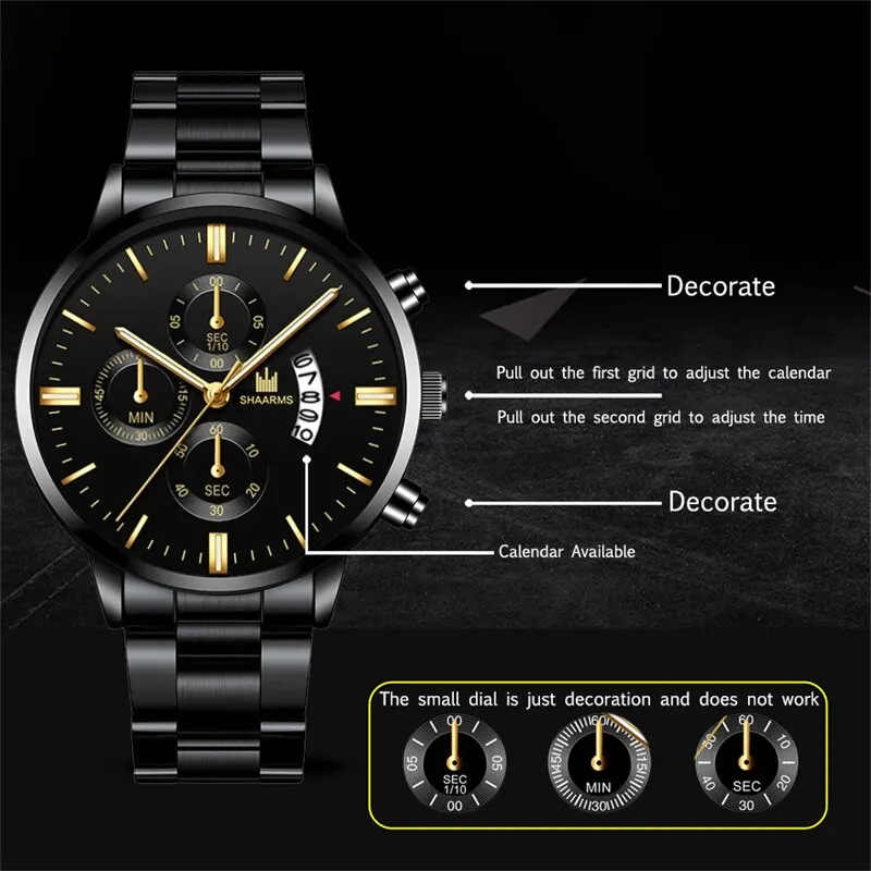 Mens Fashion Business Quartz Watch Fashion Fake Three Eye Six Pin Calendar Men Watch Stainless Steel Belt Mens Watches